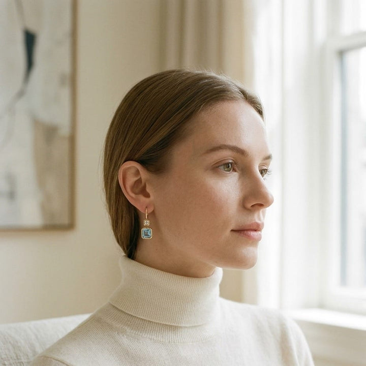 Swiss Blue Topaz Bezel Earrings 0.08ctw in 14K Yellow Gold - lifestyle
