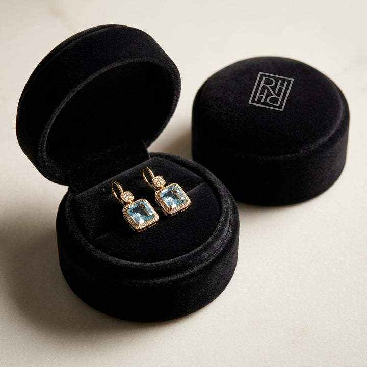 Swiss Blue Topaz Bezel Earrings 0.08ctw in 14K Yellow Gold - presentation