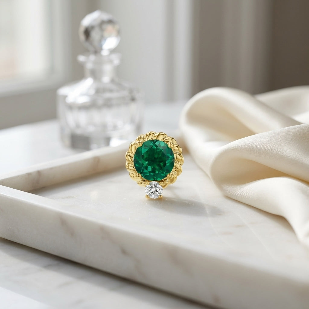Lab Created Emerald & Diamond Ripple Edge Halo Stud Earrings 1/5ctw in 14K Yellow Gold - editorial