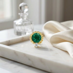 Lab Created Emerald & Diamond Ripple Edge Halo Stud Earrings 1/5ctw in 14K Yellow Gold - editorial