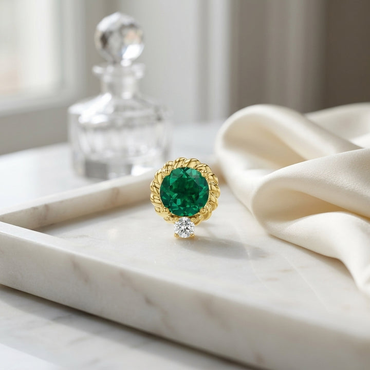 Lab Created Emerald & Diamond Ripple Edge Halo Stud Earrings 1/5ctw in 14K Yellow Gold - editorial
