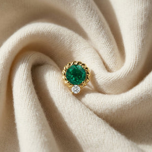 Lab Created Emerald & Diamond Ripple Edge Halo Stud Earrings 1/5ctw in 14K Yellow Gold - flat lay