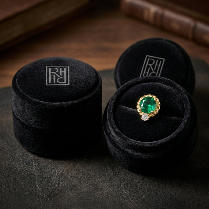 Lab Created Emerald & Diamond Ripple Edge Halo Stud Earrings 1/5ctw in 14K Yellow Gold - presentation