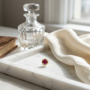 Rhodolite Garnet & Diamond Ripple Edge Halo Stud Earrings 1/5ctw in 14K Yellow Gold - lifestyle