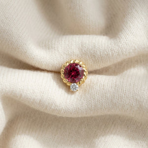 Rhodolite Garnet & Diamond Ripple Edge Halo Stud Earrings 1/5ctw in 14K Yellow Gold - flat lay