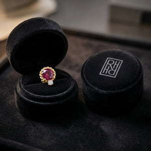 Rhodolite Garnet & Diamond Ripple Edge Halo Stud Earrings 1/5ctw in 14K Yellow Gold - presentation