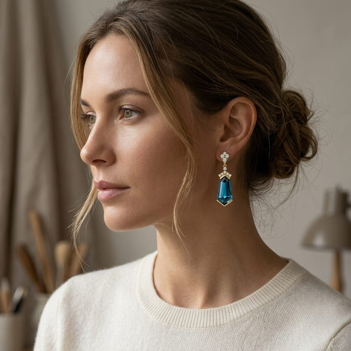 London Blue Topaz & Diamond Shield Drop Earrings 1/4ctw in 14K Yellow Gold - editorial