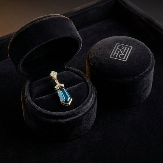 London Blue Topaz and Diamond Shield Drop Earrings in 14k Yellow Gold 0.27ctw, in navy velvet jewelry box