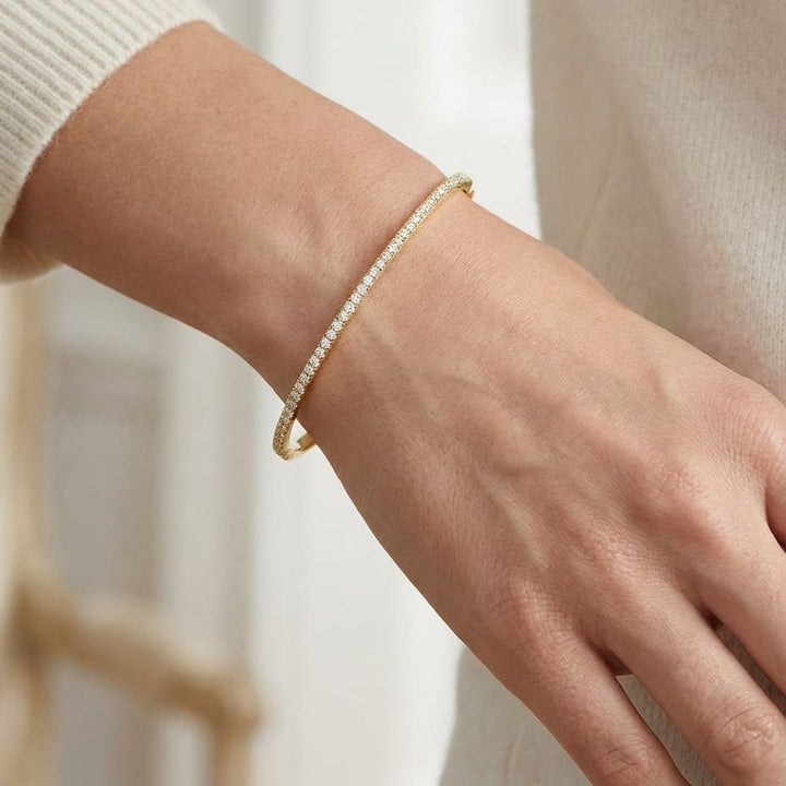 Pave Bangle in 14K Yellow Gold, worn close-up portrait