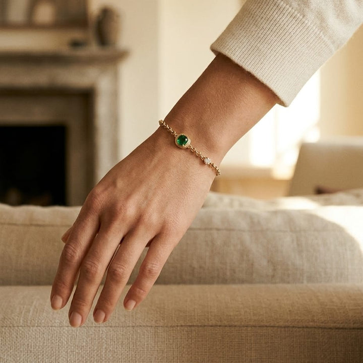 Diamond Bracelet with Created Emerald 7x5 Cushion Bracelet in 14K Yellow Gold - lifestyle