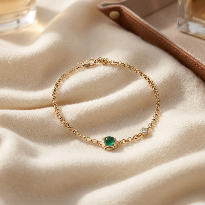 Diamond Bracelet with Created Emerald 7x5 Cushion Bracelet in 14K Yellow Gold - flat lay