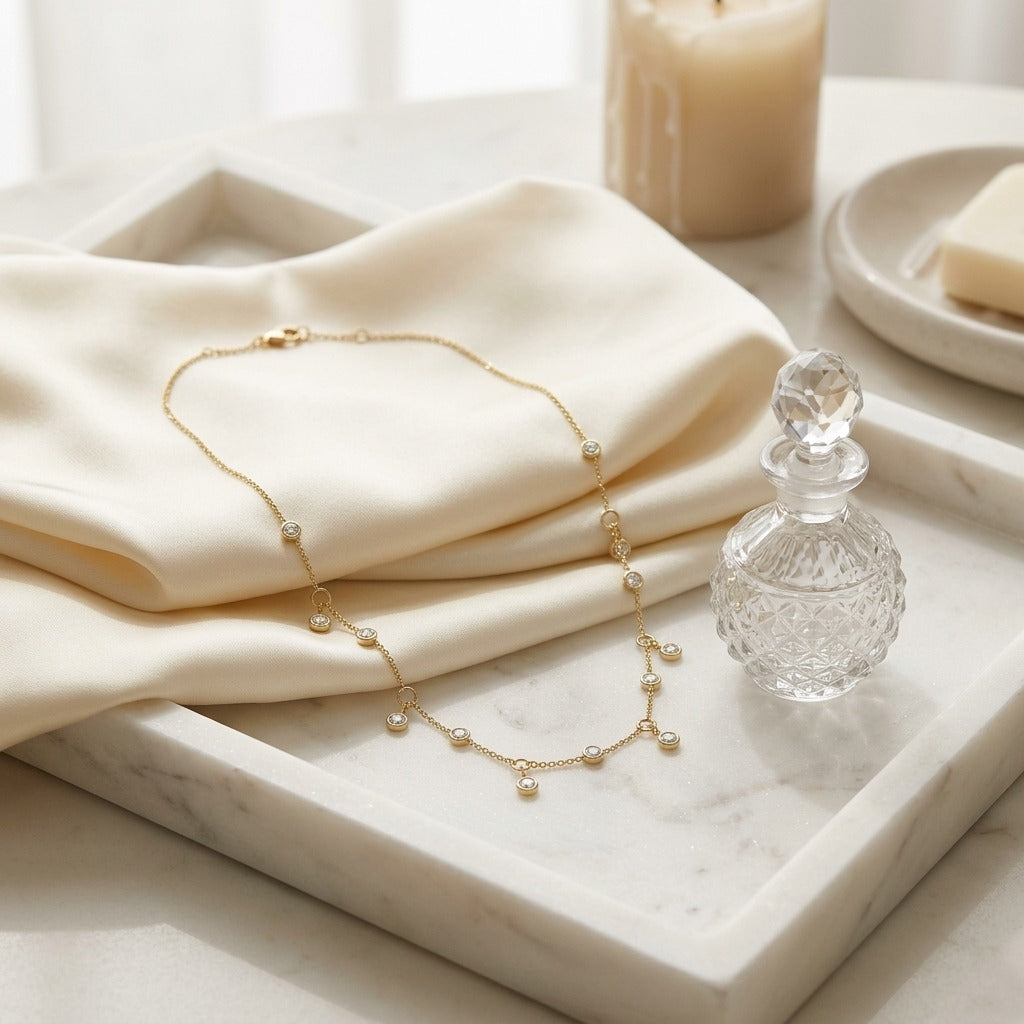 Diamond Station Necklace with Fixed & Dangling Bezels in 14K Yellow Gold - editorial