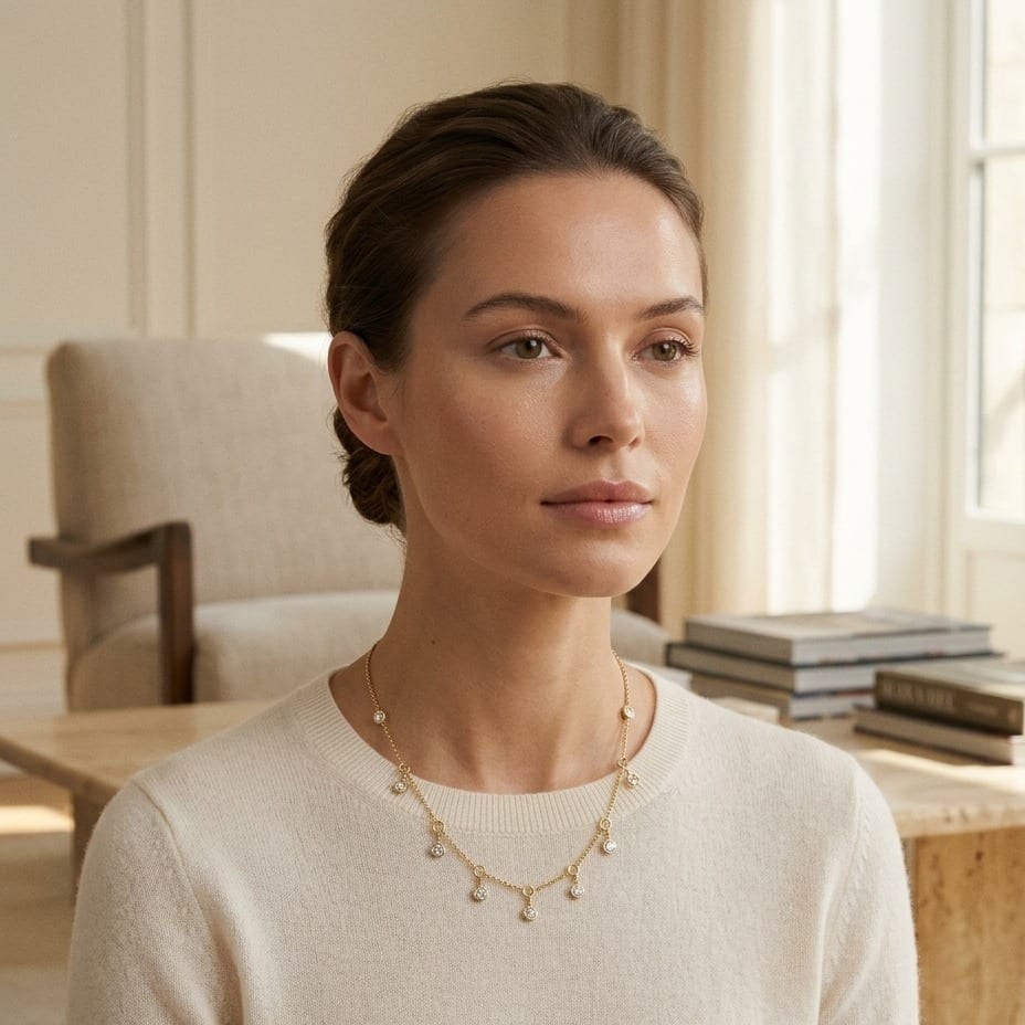 Diamond Station Necklace with Fixed & Dangling Bezels in 14K Yellow Gold - lifestyle