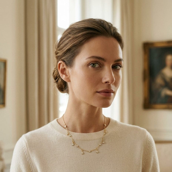 Diamond Station Necklace with Fixed & Dangling Bezels in 14K Yellow Gold - on model