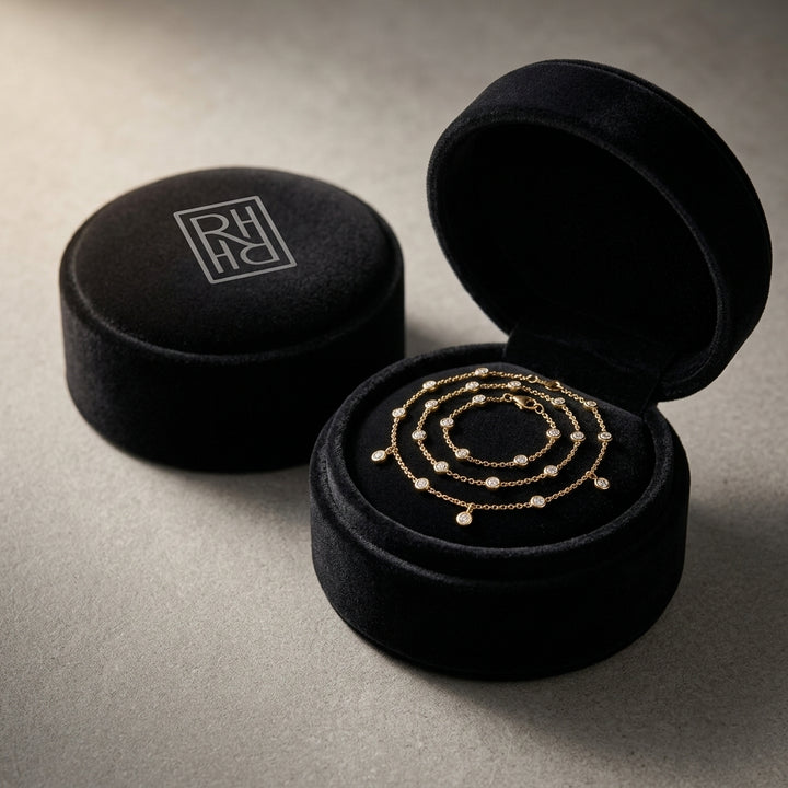 Diamond Station Necklace with Fixed & Dangling Bezels in 14K Yellow Gold - presentation
