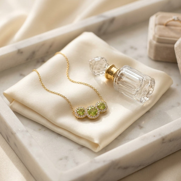 Peridot & Diamond Round Halo Trio Necklace in 14K Yellow Gold - lifestyle