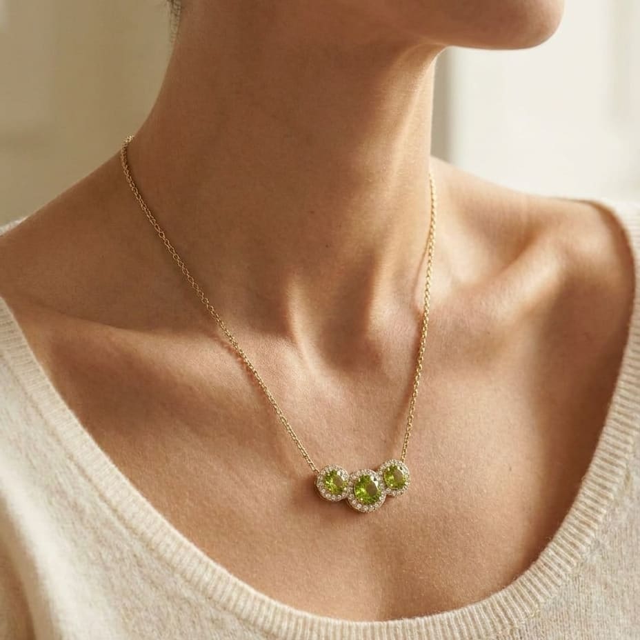Round Peridot and Diamond Halo Necklace in 14K Yellow Gold, worn close-up portrait