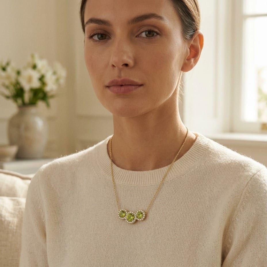 Peridot & Diamond Round Halo Trio Necklace in 14K Yellow Gold - editorial