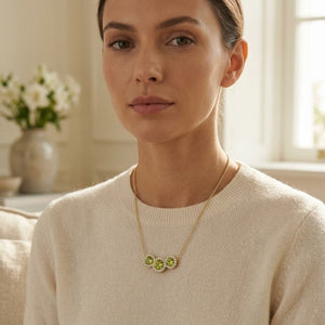 Peridot & Diamond Round Halo Trio Necklace in 14K Yellow Gold - editorial