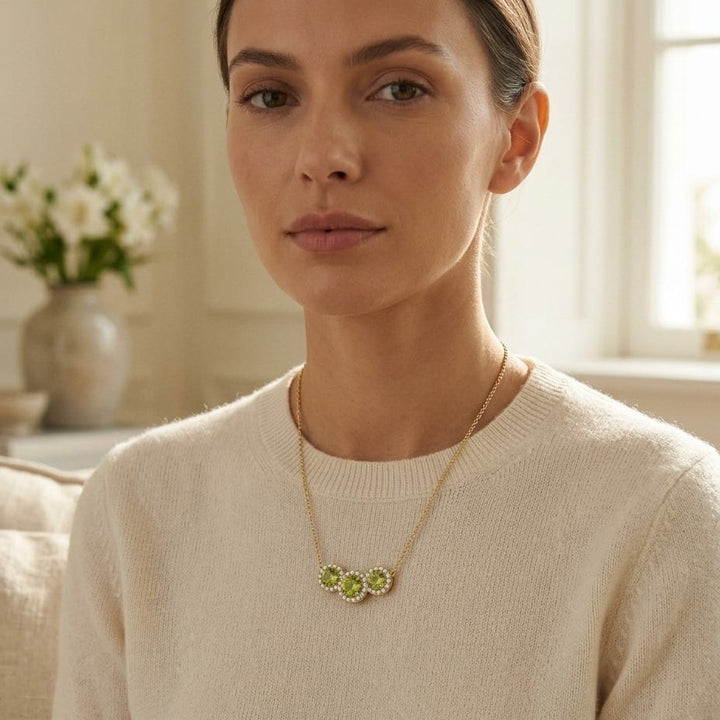 Peridot & Diamond Round Halo Trio Necklace in 14K Yellow Gold - editorial
