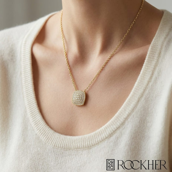 Diamond Pave Rounded Square Disk Necklace in 14K Yellow Gold, worn close-up portrait