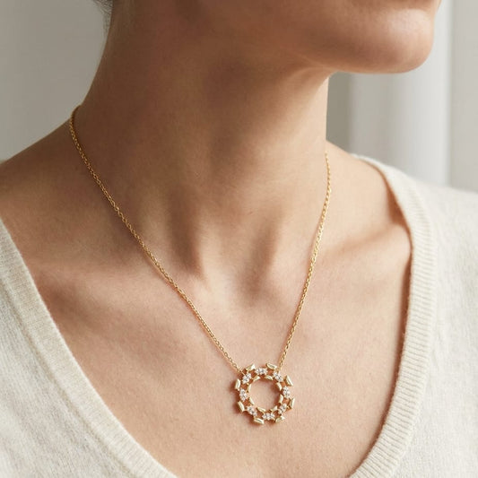 Diamond High Polish Open Wreath Necklace in 14K Yellow Gold, 16-18 Adj Chain, worn close-up portrait