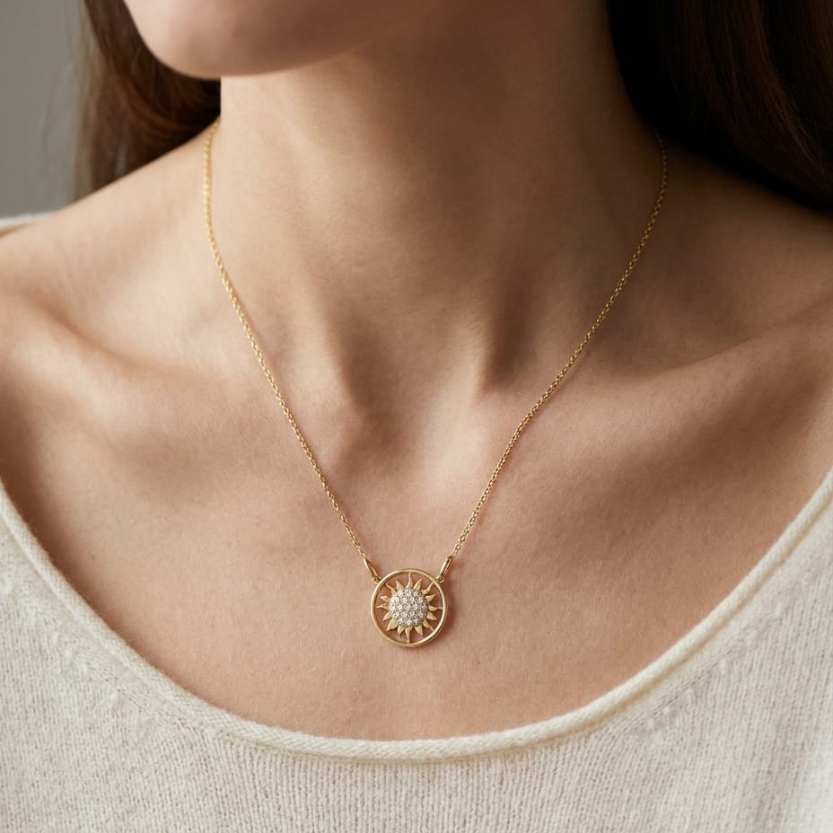 Diamond Sun Necklace With Round Frame in 14K Yellow Gold, worn close-up portrait