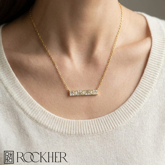 Diamond Baguette And Round Mosaic Bar Necklace in 14K Yellow Gold, 16-18 Inch Adj Chain, worn close-up portrait