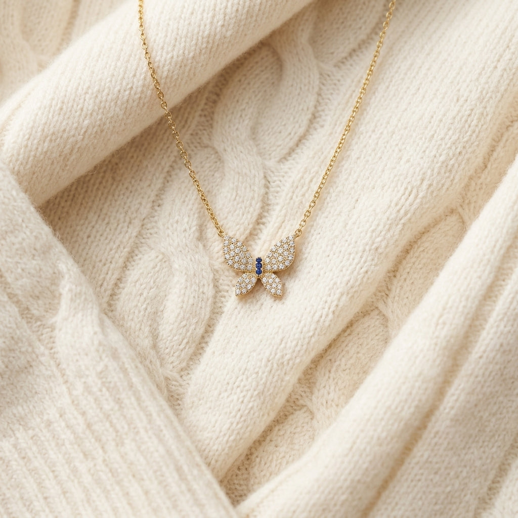 Diamond 1/2ctw & Blue Sapphire Necklace 16-18 Adj Chain Set in 14K Yellow Gold - flat lay