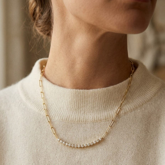 Ruby & Diamond Curved Bar 9/10ctw Paperclip Chain 16" Necklace in 14K Yellow Gold - editorial