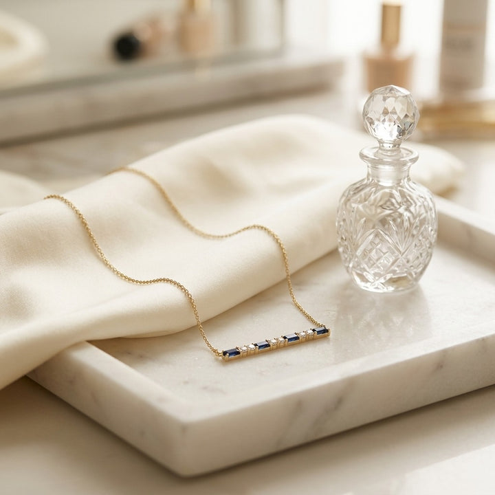Citrine Bar with Round Diamond Necklace in 14K Yellow Gold - editorial