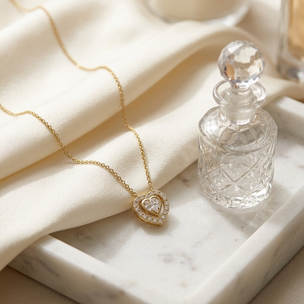 Diamond Heart Necklace 3/8ctw 16-18 Inch Adjustable Chain in 14K Yellow Gold - lifestyle