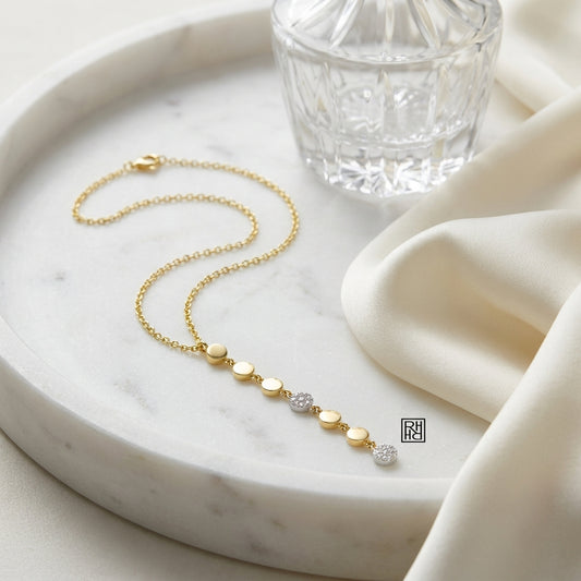 Diamond Linear Drop Necklace in 14k Yellow Gold 0.09ctw, on marble vanity tray with silk