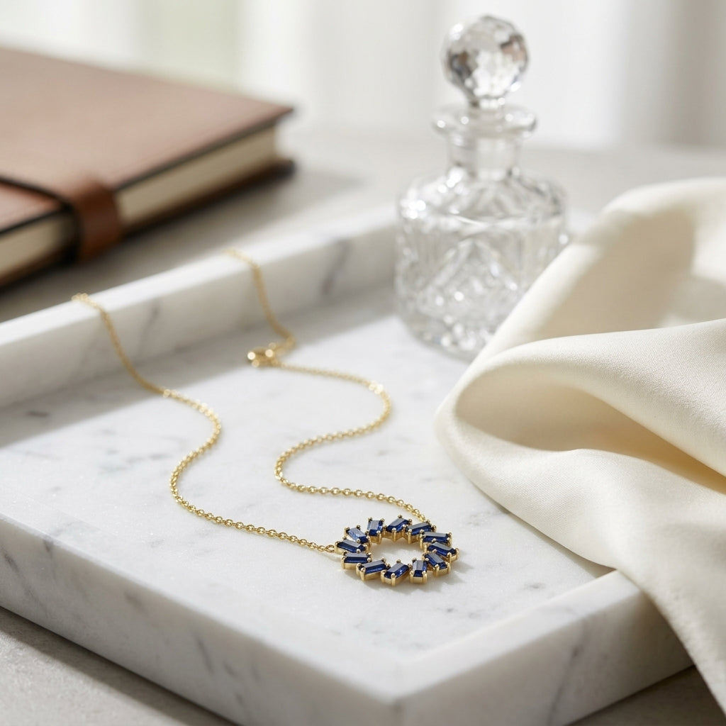 Sapphire Baguette Wreath Necklace in 14K Yellow Gold - editorial