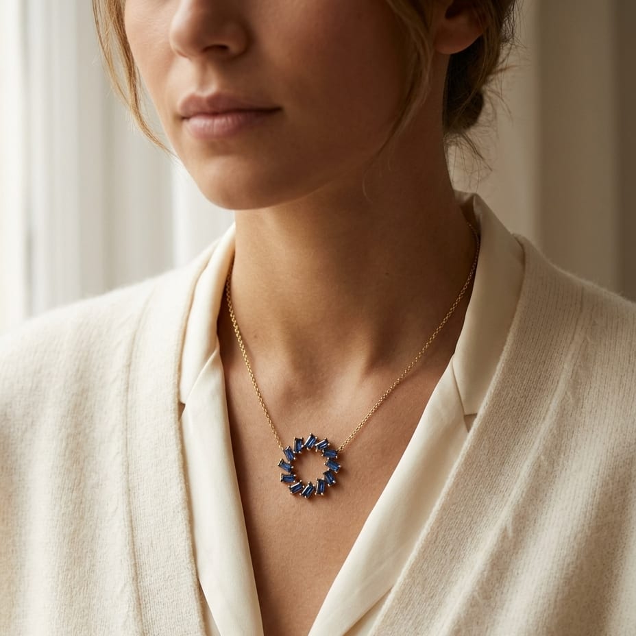 Sapphire Baguette Wreath Necklace in 14K Yellow Gold - lifestyle