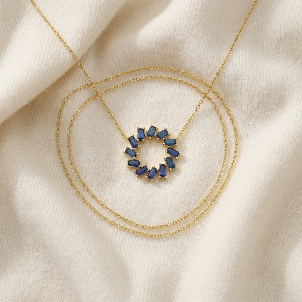 Sapphire Baguette Wreath Necklace in 14K Yellow Gold - flat lay