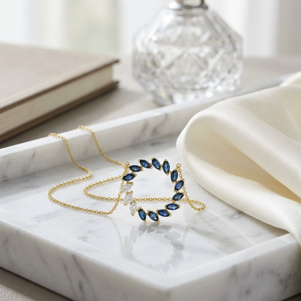 Sapphire & Diamond Marquise Wreath Necklace 1/5ctw in 14K Yellow Gold - editorial