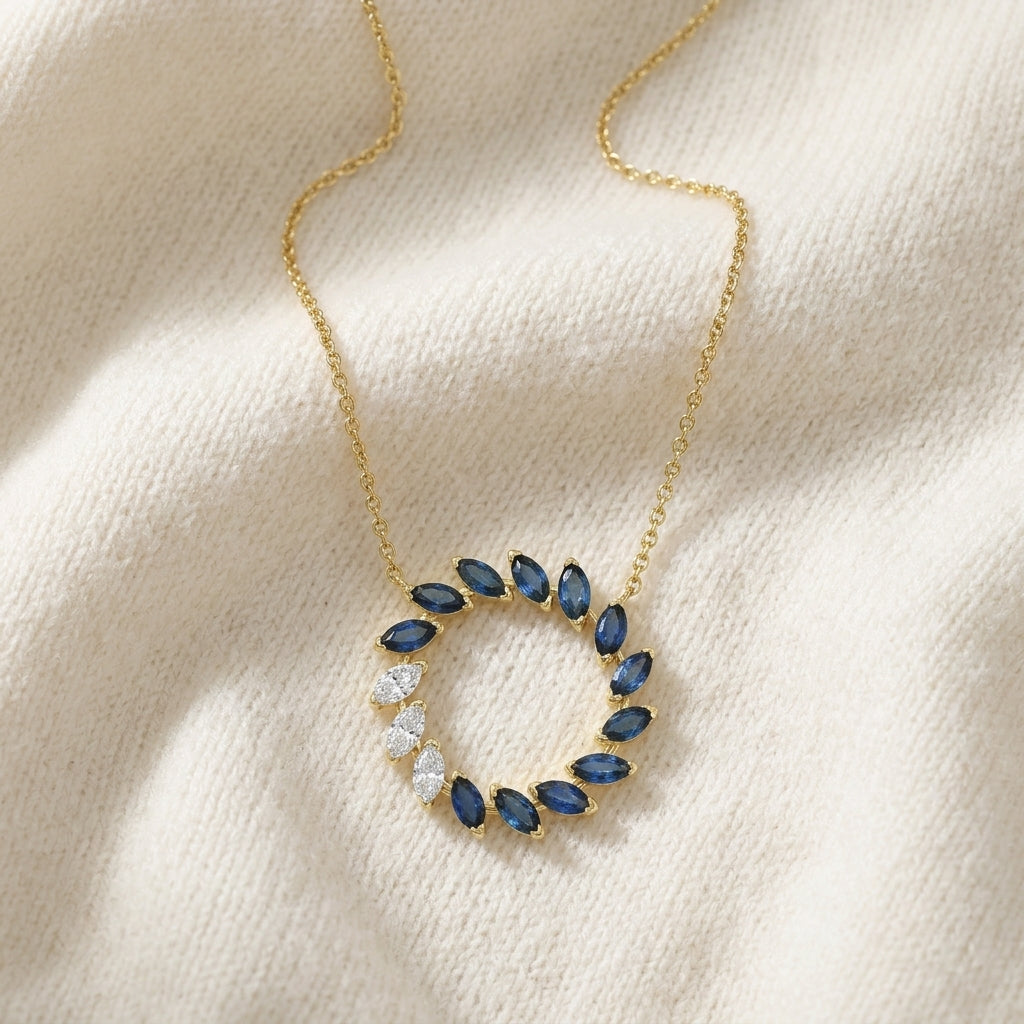 Sapphire & Diamond Marquise Wreath Necklace 1/5ctw in 14K Yellow Gold - flat lay