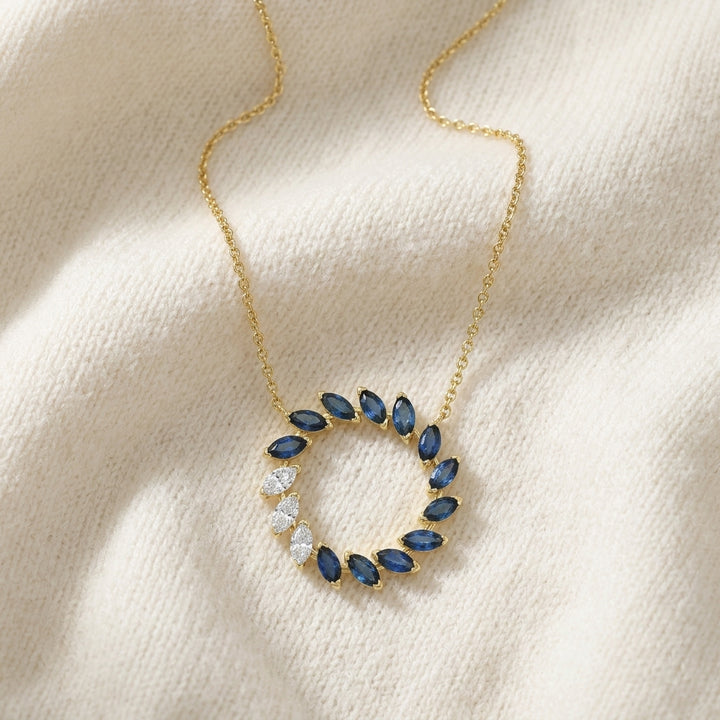 Sapphire & Diamond Marquise Wreath Necklace 1/5ctw in 14K Yellow Gold - flat lay