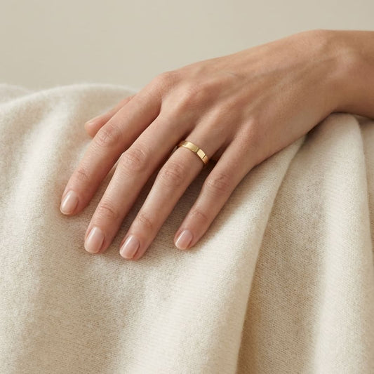 3mm Traditional Flat Wedding Band in 14K Yellow Gold, worn on hand, full view