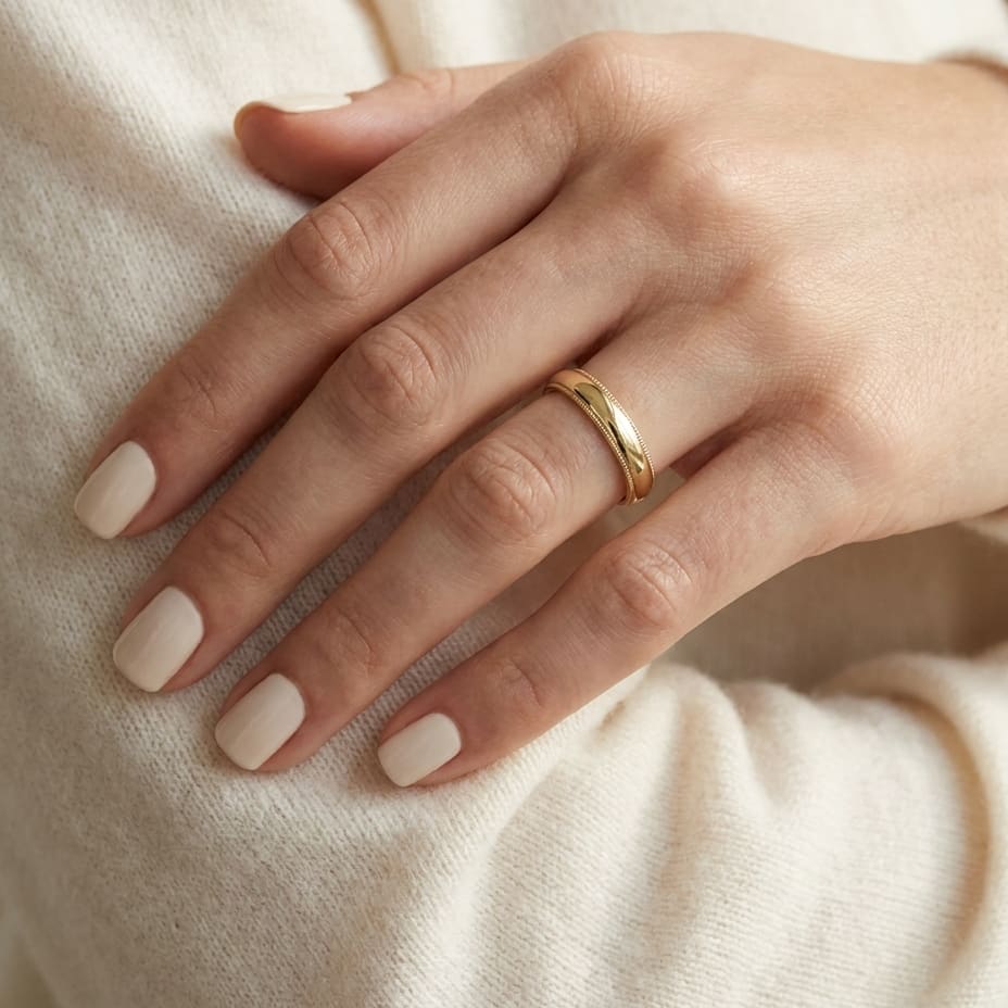 4mm Slightly Domed Traditional Oval Milgrain Wedding Band in 14K Yellow Gold, worn on hand, close-up