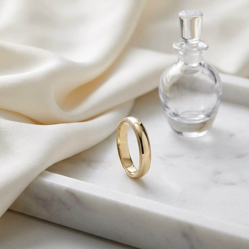 4mm Slightly Domed Traditional Oval Milgrain Wedding Band in 14K Yellow Gold, on marble vanity tray with silk