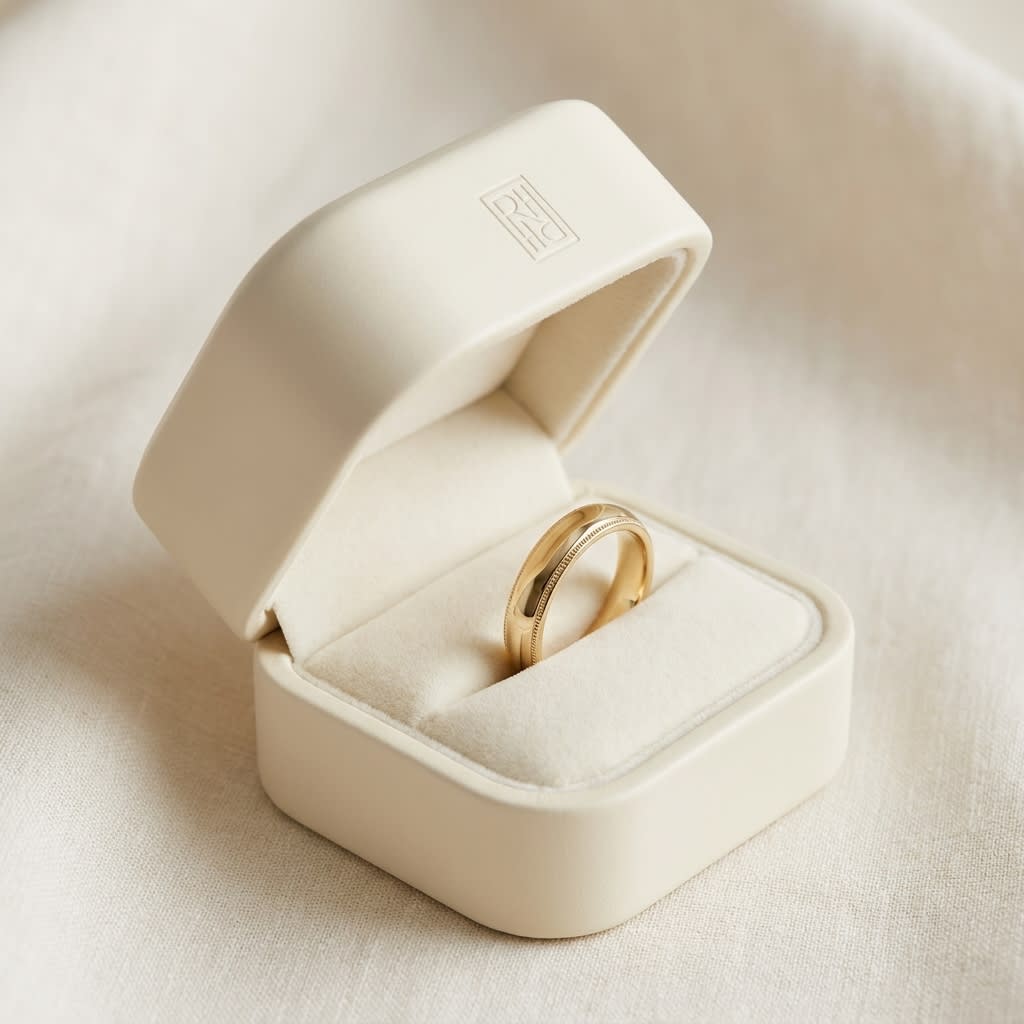 4mm Slightly Domed Traditional Oval Milgrain Wedding Band in 14K Yellow Gold, in navy velvet jewelry box