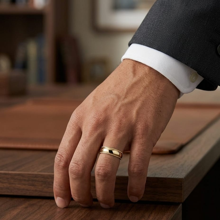 5mm Slightly Domed Traditional Oval Milgrain Wedding Band in 14K Yellow Gold, worn on hand, masculine full view