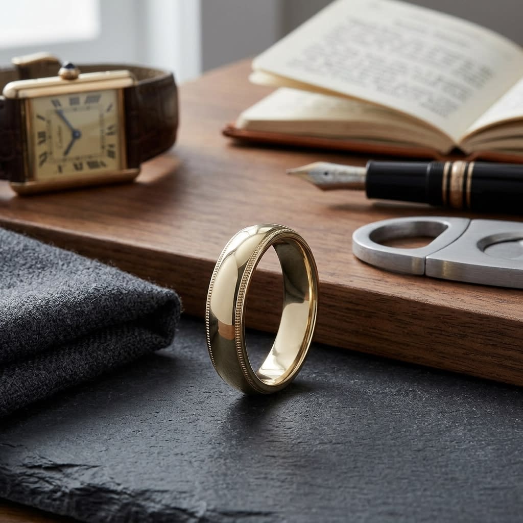 5mm Slightly Domed Traditional Oval Milgrain Wedding Band in 14K Yellow Gold, on walnut surface with pocket square