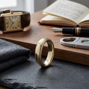 5mm Slightly Domed Traditional Oval Milgrain Wedding Band in 14K Yellow Gold, on walnut surface with pocket square