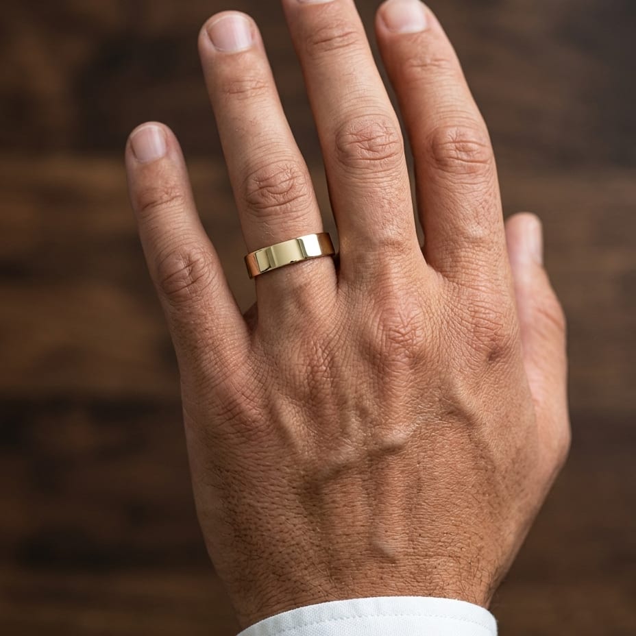 6mm Flat Comfort-Fit Wedding Band in 14K Yellow Gold, worn on hand, masculine close-up