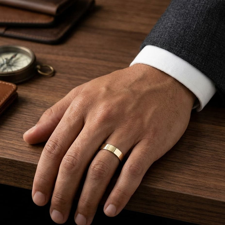 6mm Flat Comfort-Fit Wedding Band in 14K Yellow Gold, worn on hand, masculine full view