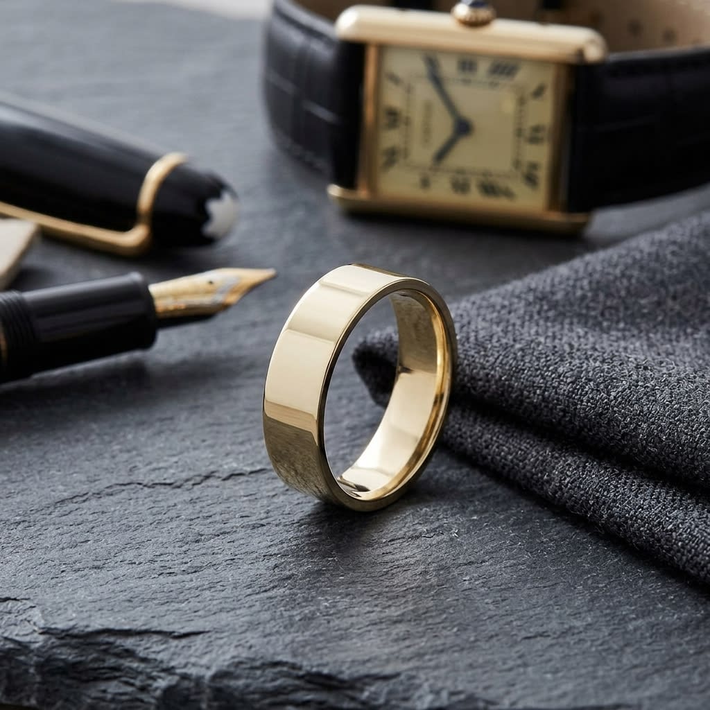 6mm Flat Comfort-Fit Wedding Band in 14K Yellow Gold, on walnut surface with pocket square
