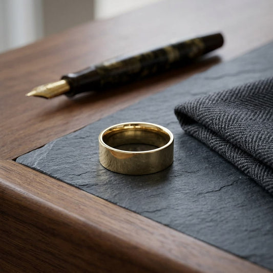 8mm Flat Comfort-Fit Wedding Band in 14K Yellow Gold, on walnut surface with pocket square